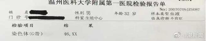 这位人夫虽然具有男性第一性徵、第二性徵，但是染色体检查结果显示为「46XX」，临床上称为为「性反转综合症」。（图／翻摄自微博）