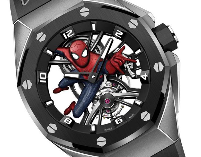 爱彼表与漫威合作推出皇家橡树概念「蜘蛛人」陀飞轮腕表，「蜘蛛人」跃上表盘。（撷自Audemars Piguet官网）
