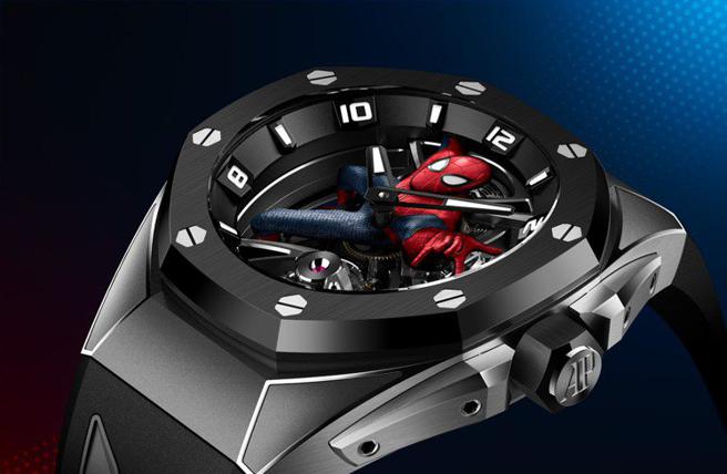 爱彼表与漫威合作推出皇家橡树概念「蜘蛛人」陀飞轮腕表，「蜘蛛人」跃上表盘。（撷自Audemars Piguet官网）