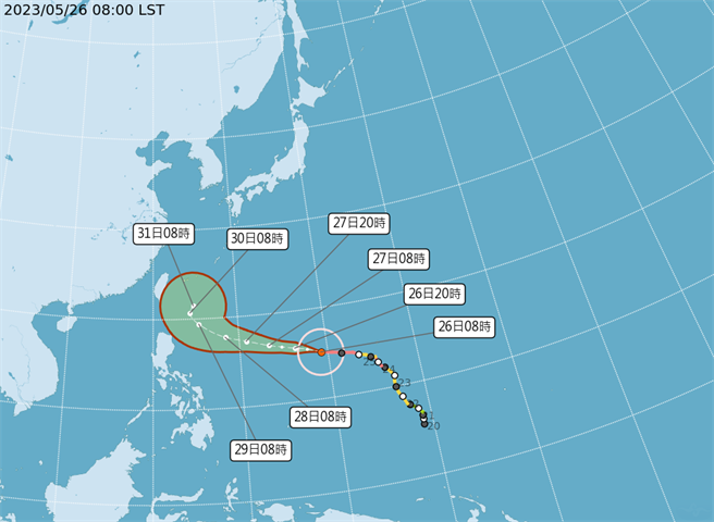 强烈颱风编号第2302号（国际命名MAWAR，中文译名：玛娃），中心气压900百帕，26日2时的中心位置在北纬14.9度，东经140.4度，即在关岛西北西方500公里之海面上（鹅銮鼻东南东方2220公里之海面上），以每小时26转29公里速度，向西北西转西进行，中心附近最大风速每秒58公尺。（翻摄自中央气象局／林良齐台北传真）