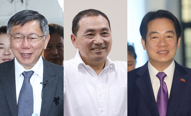 2024总统大选将于明年1月13日举行，蓝、白、绿「三脚督」态势成形。左至右分别为民眾党党主席柯文哲、新北市长侯友宜、民进党党主席赖清德。（合图／中央社）