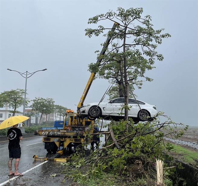 台南21岁吴姓男子26日驾驶百万名车BMW载24岁宋姓女友出游行经台1线434K时，因遇雨天导致车辆失控打滑，先撞上路树后穿越矮木丛滑进路旁水沟卡住。（警方提供／谢佳潾屏东传真）