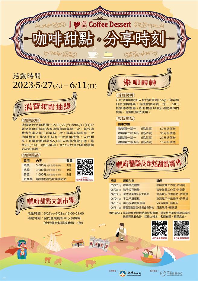 5月27日至6月11日办理「咖啡甜点．分享时刻」活动，共有四大分享让消费者能一起参与免费拿好康！(图／金门县政府提供)