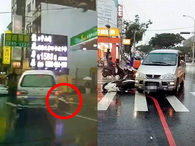 护理师在雨天骑车时，先是连续超越2台车后，过路口时在一辆厢型车旁，没想到厢型车准备右转进加油站，当场撞倒女骑士并辗过，女骑士不治。（翻摄画面）