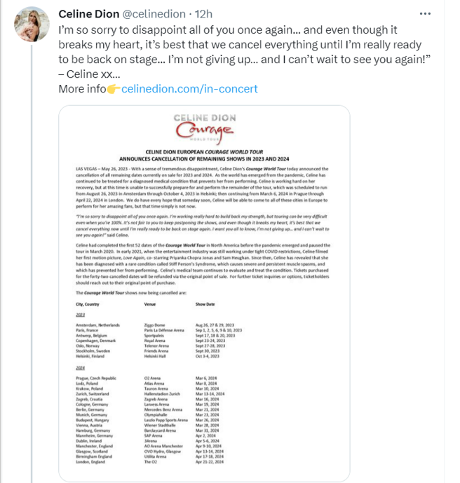 席琳狄翁宣布取消2023年至2024年的巡迴演唱会。（图／ Celine Dion 推特）