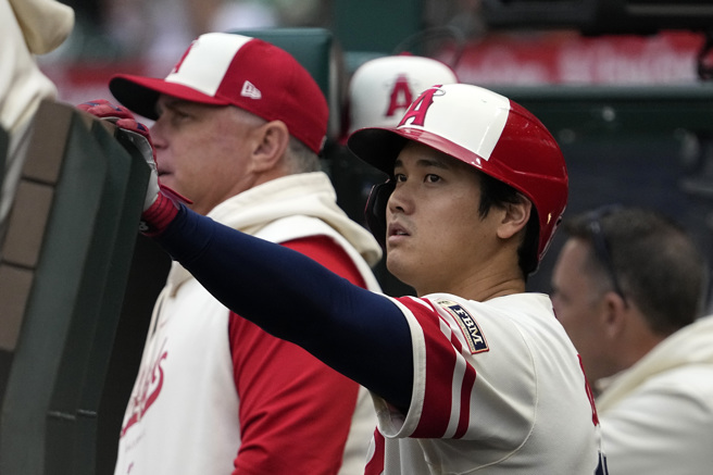 大谷翔平明日登板对决马林鱼。（美联社）