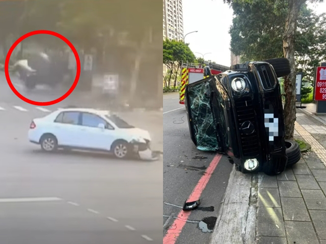 宾士AMG G63在路口撞上轿车翻数圈后严重损伤，警方查出驾驶并非车主，车主是竹联帮明仁会前会长林京葵，驾驶翁男是名车行员工。（翻摄自记者爆料网）