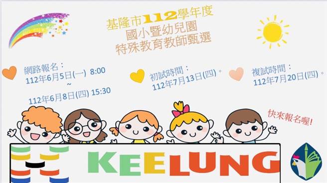 基隆市政府教育处将办理「112学年度公立国民小学暨幼儿园特殊教育教师聯合甄选」，报名期间为6月5日至6月8日，本次报名採线上网路报名，请至教育处官网报名。（基隆市政府提供／徐佑升基隆传真）