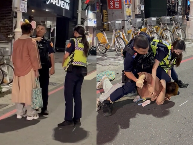 叶男指着男女警喊「你有行照吗」还骂三字经，女警最后朝他脸上狂喷辣椒水，叶男还继续呛「用辣椒水，很臭屁喔，怕你喔」最后被压制在地。（翻摄自爆料公社）