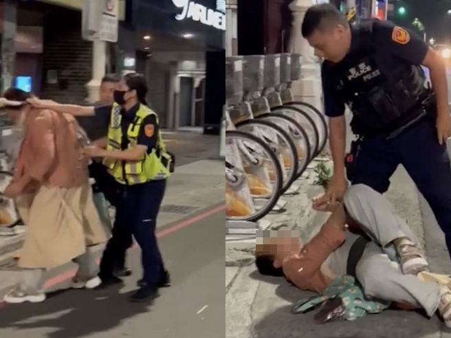 叶男指着男女警喊「你有行照吗」还骂三字经，女警最后朝他脸上狂喷辣椒水，叶男还继续呛「用辣椒水，很臭屁喔，怕你喔」最后被压制在地。（翻摄自爆料公社）