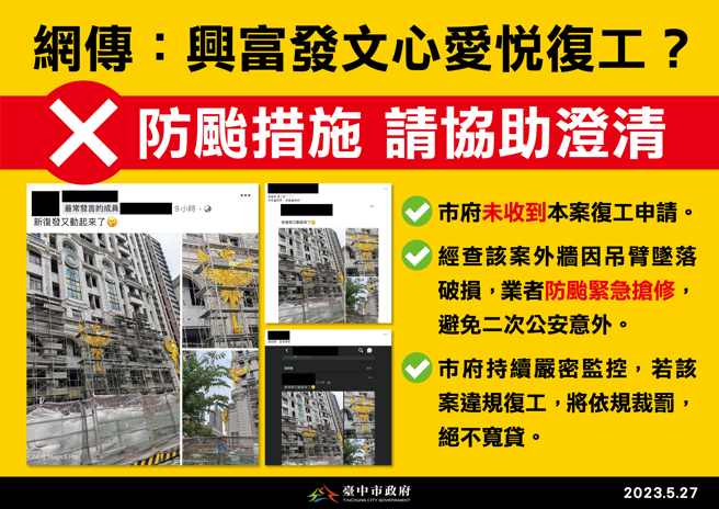 网传兴富发文心爱悦復工，台中市政府澄清为假讯息，并强调辟是业者防颱抢修外墙。(台中市政府提供)

