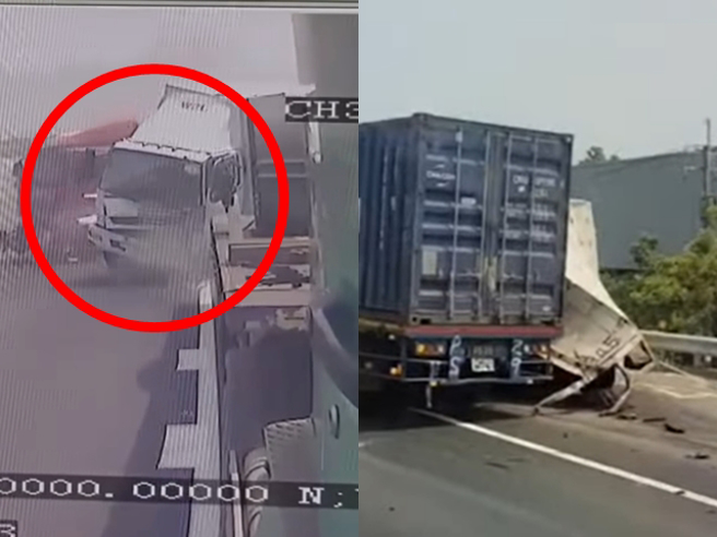 国1南下冈山段2大客车、2自小客车追撞事故，大货车遭追撞后再撞2轿车，货车当场被挤压，驾驶惨死，而最先撞车的联结车洪姓驾驶送医后仍命危。（翻摄照片）