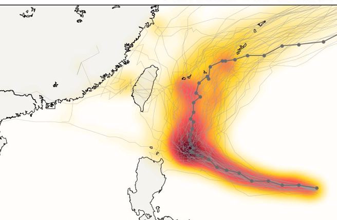 专家指出，玛娃颱风的走向逐渐明朗，「垂直北转机率最高」。（图／取自FB《台湾颱风论坛｜天气特急》）