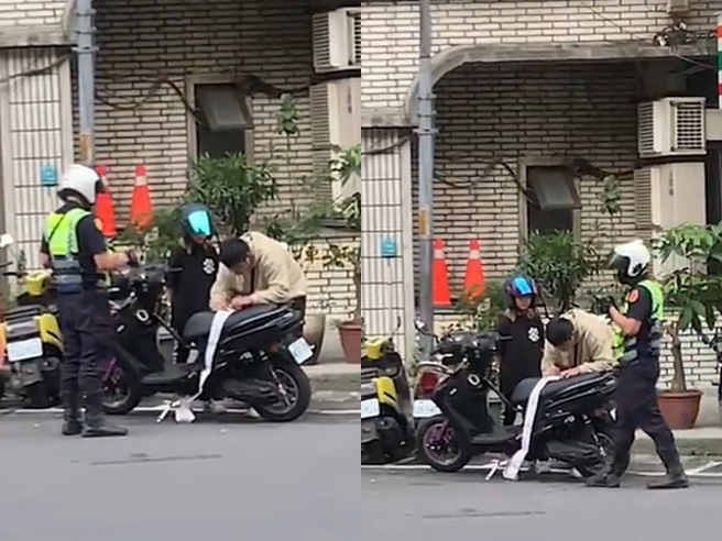 中和日前被目击一名男骑士被警方一连开了多达18张罚单，骑士把一整串罚单放在椅背上签名，画面让网友笑翻「多到像偶像在签名」。（翻摄自脸书「爆废公社」）