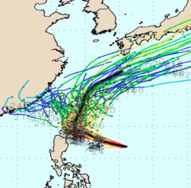 最新欧洲(ECMWF)10天系集模式模拟图显示，「玛娃」的系集平均路径(粗黑线)，明日逐渐接近巴士海峡，将减速并逐渐迴转；各别系集路径(细线)则分散在粗黑线的东、西两侧。（撷自weathernerds）