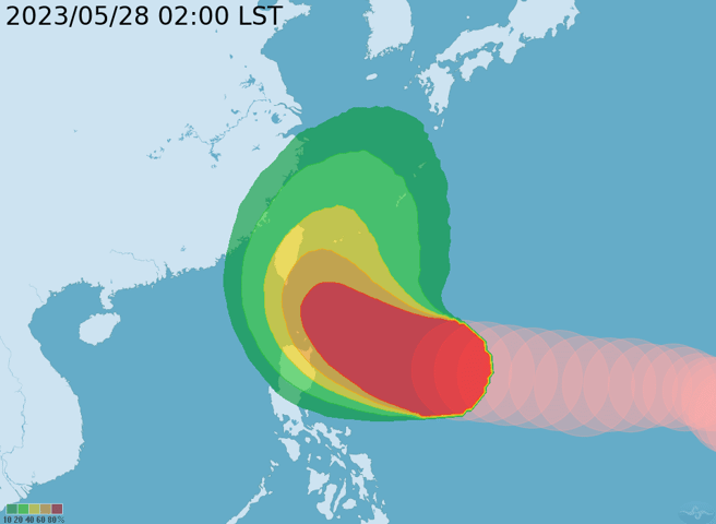玛娃颱风暴风圈侵袭机率。（翻摄自气象局）