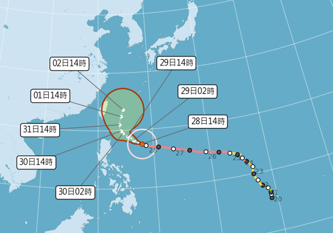 玛娃颱风未来路径将北转，但外围环流有望降下可观雨量。（气象局）