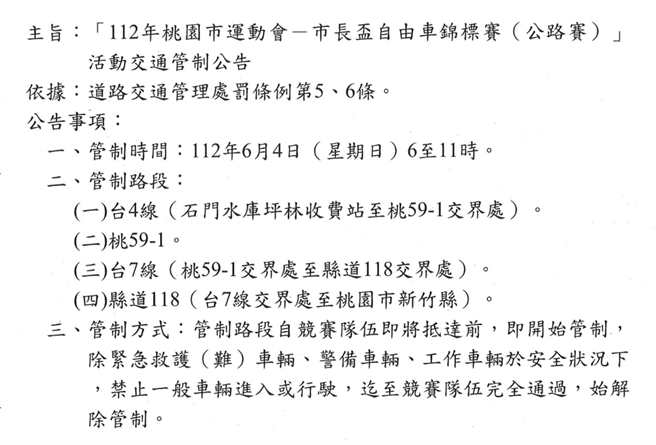 市长杯自由车锦标赛将于6月4日登场，大溪復兴路段实施交管。(警方提供／蔡依珍桃园传真)