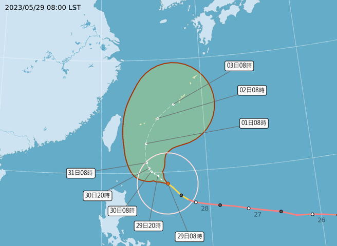 玛娃暴风圈有扩大趋势，将沿着台湾东部外海北上，预估今晚到明晨发海上颱风警报，若路径偏西也有机会发陆警。(翻摄自气象局)
