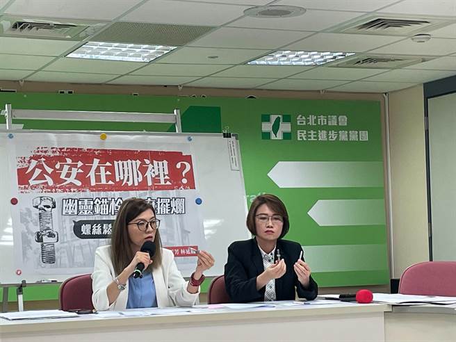 士林华荣市场都更案于2018年宣告正式启动，但民进党台北市议员顏若芳（左）、林延凤质疑，锚栓送审样本疑似与实际施工的锚栓不同。（刘彦宜摄）