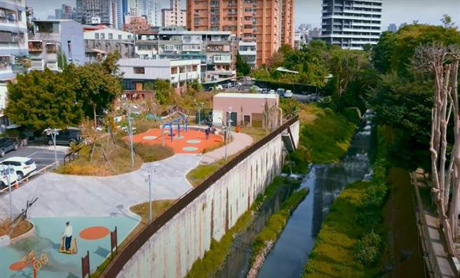 砾间处理场结合游憩公园与河岸步道环绕多样的自然生态。（新北市水利局提供）