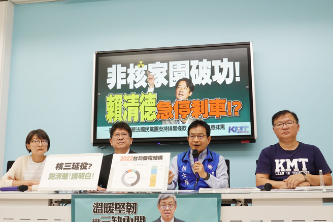 国民党立委吴怡玎（左起）、林思铭、赖士葆、李德维30日举行「非核家园破功！赖清德急停剎车！？」记者会。（姚志平摄）