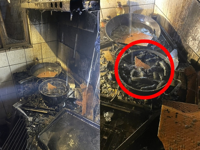 传出是因屋主在「煎香肠」时意外睡着，但屋主事后澄清，锅内一条条深黑色条状物其实是「甜不辣」。（翻摄照片）