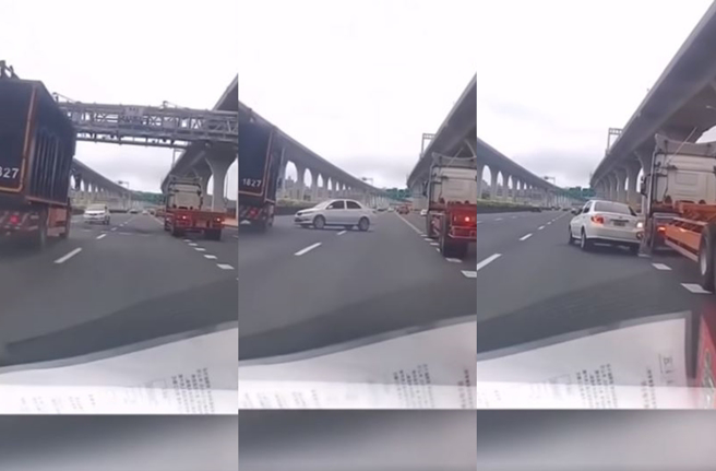 小轿车在国道上遭擦撞，整辆车失控打转，所幸驾驶机警，立刻将车辆倒车转回正常方向。（翻摄自脸书爆料公社）