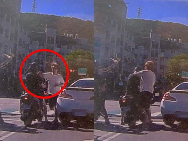 驾驶亮棍回呛骑士，接着竟直接下车朝骑士「安全帽」一阵暴打，至少挥拳重砸15次，都是打在安全帽上。（翻摄自脸书「爆料公社」）