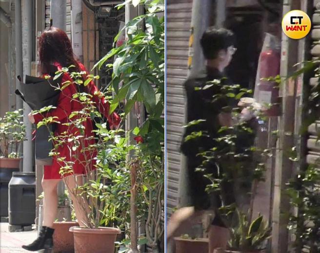 抱着花的珍琳准备出门庆生，与陈慕进出同一个门口，看得出两人同居在此。（图／本刊摄影组）