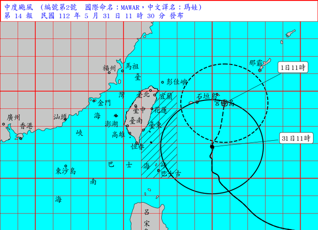 鹅銮鼻的东方约 430 公里之海面上，向北转北北东进行。暴风圈对巴士海峡及臺湾东半部海面构成威胁。（翻摄自气象局）