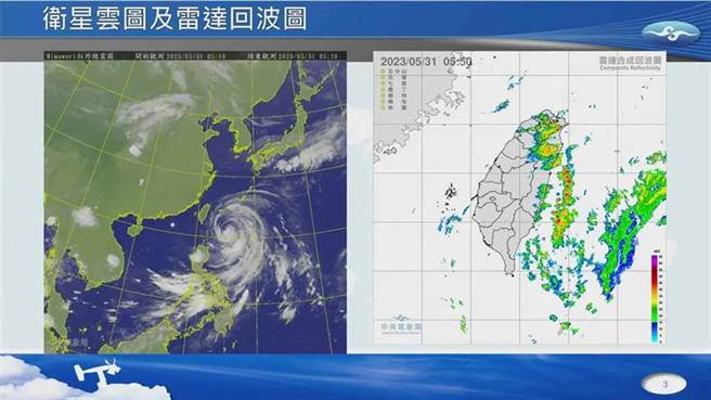 玛娃颱风中心目前在鹅銮鼻东方海面向北缓慢行进。（中央气象局提供）