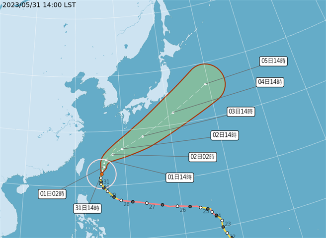 玛娃颱风今（31）日 14时位于鹅銮鼻东方约 440 公里海面上，以每小时约 14 公里的速度向北北东进行，颱风暴风圈正掠过东南部海面。（翻摄自中央气象局／林良齐台北传真）