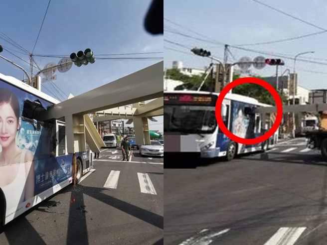 高雄燕巢一辆疑似违规载超长钢构的曳引车，在路口左转时，钢构意外插入右后方的公车玻璃，当场贯穿公车，所幸无乘客伤亡。（翻摄自脸书「爆料公社」）