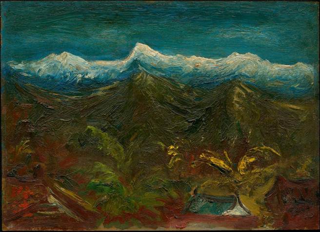 陈澄波作品「玉山积雪」，1947 年木板油彩23.5×33cm  私人收藏。（李梅树纪念馆提供）