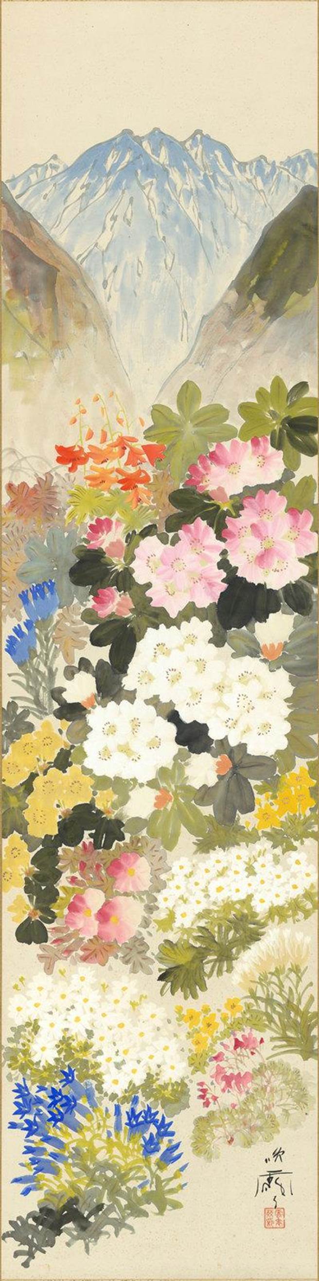 丸山晚霞作品「云表灵华」， c.1934年 彩墨纸本 137.1x34.3cm 私人收藏。（李梅树纪念馆提供）