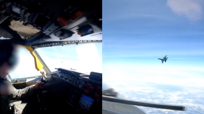 美国军方30日指控，一架解放军歼-16战机在南海上空拦截美军RC-135侦察机时，从机鼻横向直切过去，迫使美军机在歼-16产生的机尾乱流中飞行，痛批歼-16进行「没必要的挑衅行动」。（图／撷取自美军印太司令部影片）