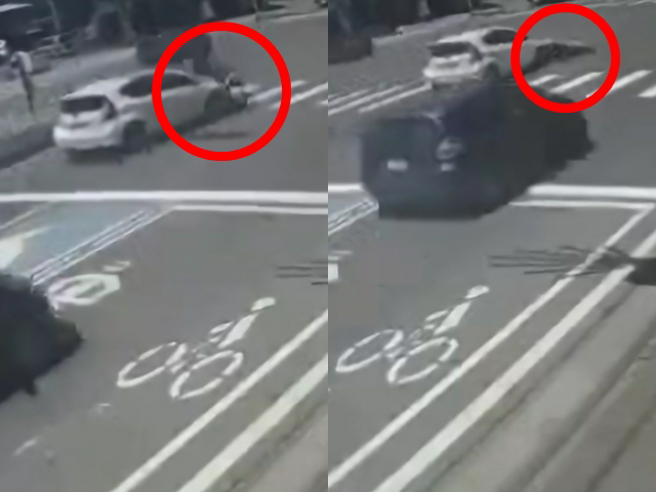 桃园龟山上月29日发生一辆双载机车在「机车左转道」左转时，遭左侧疑似直行的轿车猛撞，男骑士重伤，妻子当场被拖行惨死。（翻摄自记者爆料网）