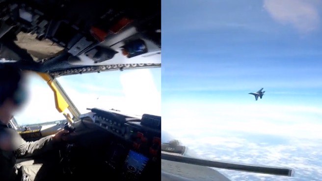 美国军方日前指控，一架解放军歼-16战机在南海上空拦截美军RC-135侦察机时，从机鼻横向直切过去，迫使美军机在歼-16产生的机尾乱流中飞行。（图／撷取自美军印太司令部影片）