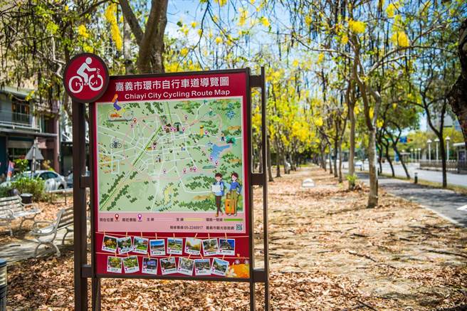 嘉义市环市自行车道多处路段已成金黄隧道 。（嘉义市政府提供∕吕妍庭嘉义传真）