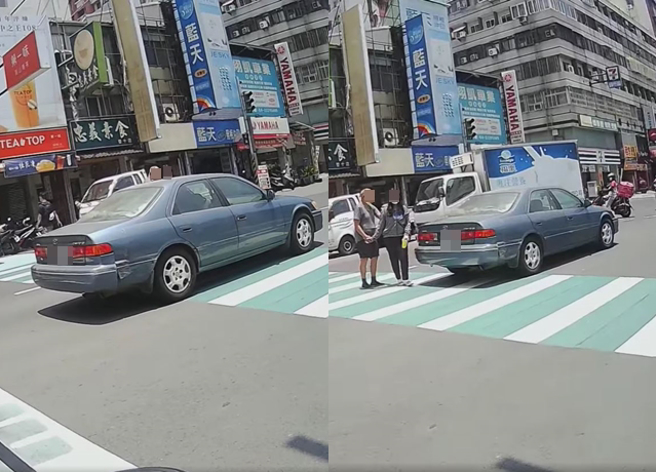 轿车见红灯不停「一直噜」，导致斑马线上行动不方便的阿伯敲窗要求礼让。（翻摄自脸书爆料公社公开版）