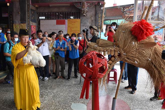 2023年三义云火龙节3日正式启动，道士以白公鸡冠的血替云火龙开光点睛。（谢明俊摄）