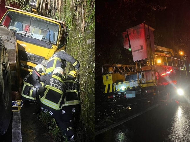 台电抢修电力惊传工程车碰撞山壁的事故。（民眾提供／冯惠宜台中传真）