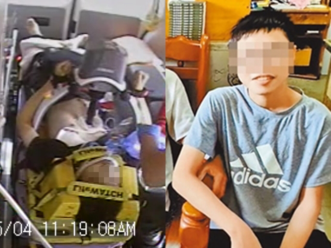 只见赖男在救护车内仅使用心肺復甦机、未插管，用氧气机急救，后来在医院也是左手插针，家属认为赖男勒伤、瘀伤、针孔并非医护导致。（民眾提供）