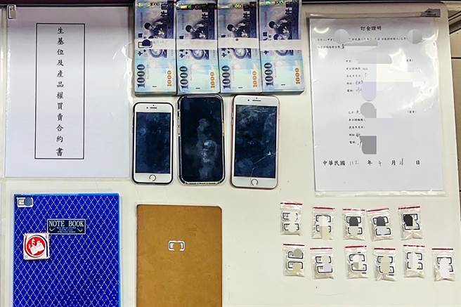 竹北警分局查获假籍「生基位买卖」的诈骗手法，查获契约书、被害人名册及赃款40万元及安非他命等证物。（竹北警分局提供／罗浚滨新竹传真）