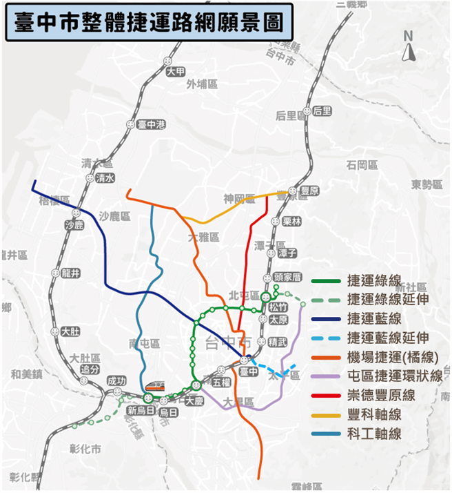 台中市府积极推动台中捷运路网，其中「屯区捷运环状线」及「捷运蓝线延伸太平」5月重新提送交通部审查。(台中市府提供)