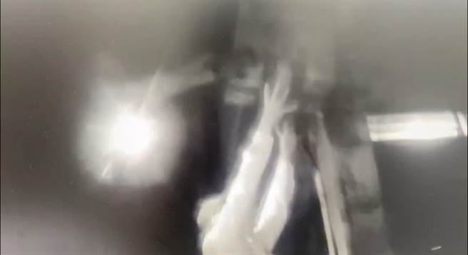 员警站在花圃、手持纸箱，将受困小虎斑猫救下。（翻摄照片／崔正纲高雄传真）