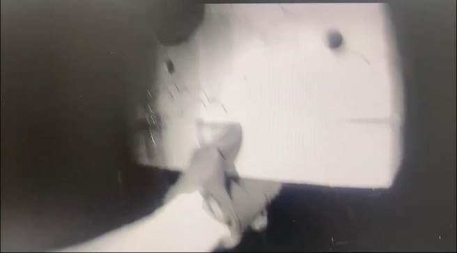 员警站在花圃、手持纸箱，将受困小虎斑猫救下。（翻摄照片／崔正纲高雄传真）