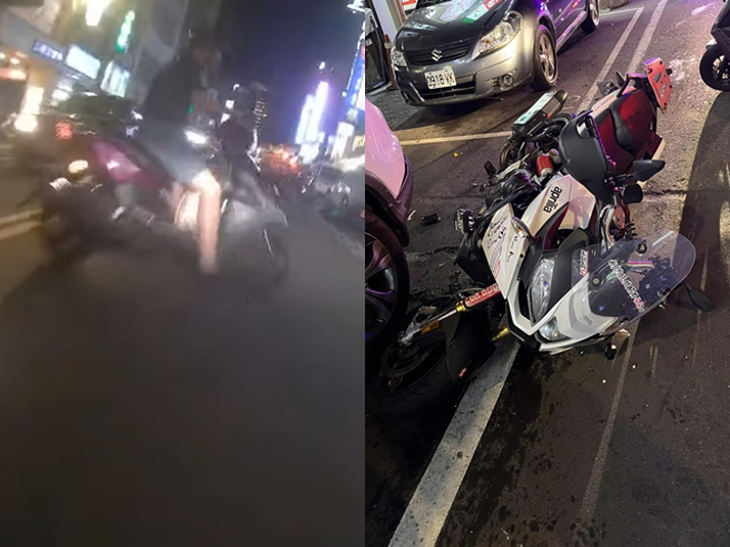 男子骑高檔重机Caponord 1200，行经中坜区中正路时，遇到一名男子在双黄线违规迴转，2车相撞重摔、安全帽喷飞，惊悚画面曝光。（翻摄自脸书「轻檔车俱乐部」）