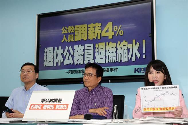 国民党团今召开记者会，质疑蔡政府为现职军公教人员调薪的同时，刻意不提已退休军公教人员，是「照顾现职，放生退职」，这对为国家奉献一生的退休的公务人员来说，情何以堪？（刘宗龙摄）
